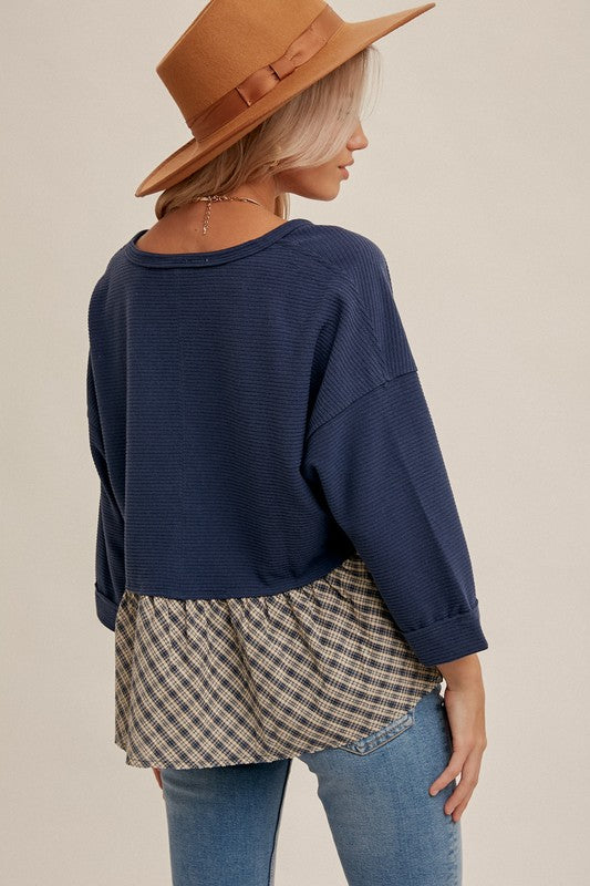 Oversized Plaid Contrast Rib Crop Peplum Top