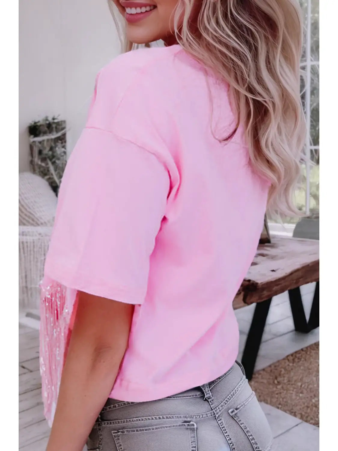 Pink Sequin Fringe Crop Top