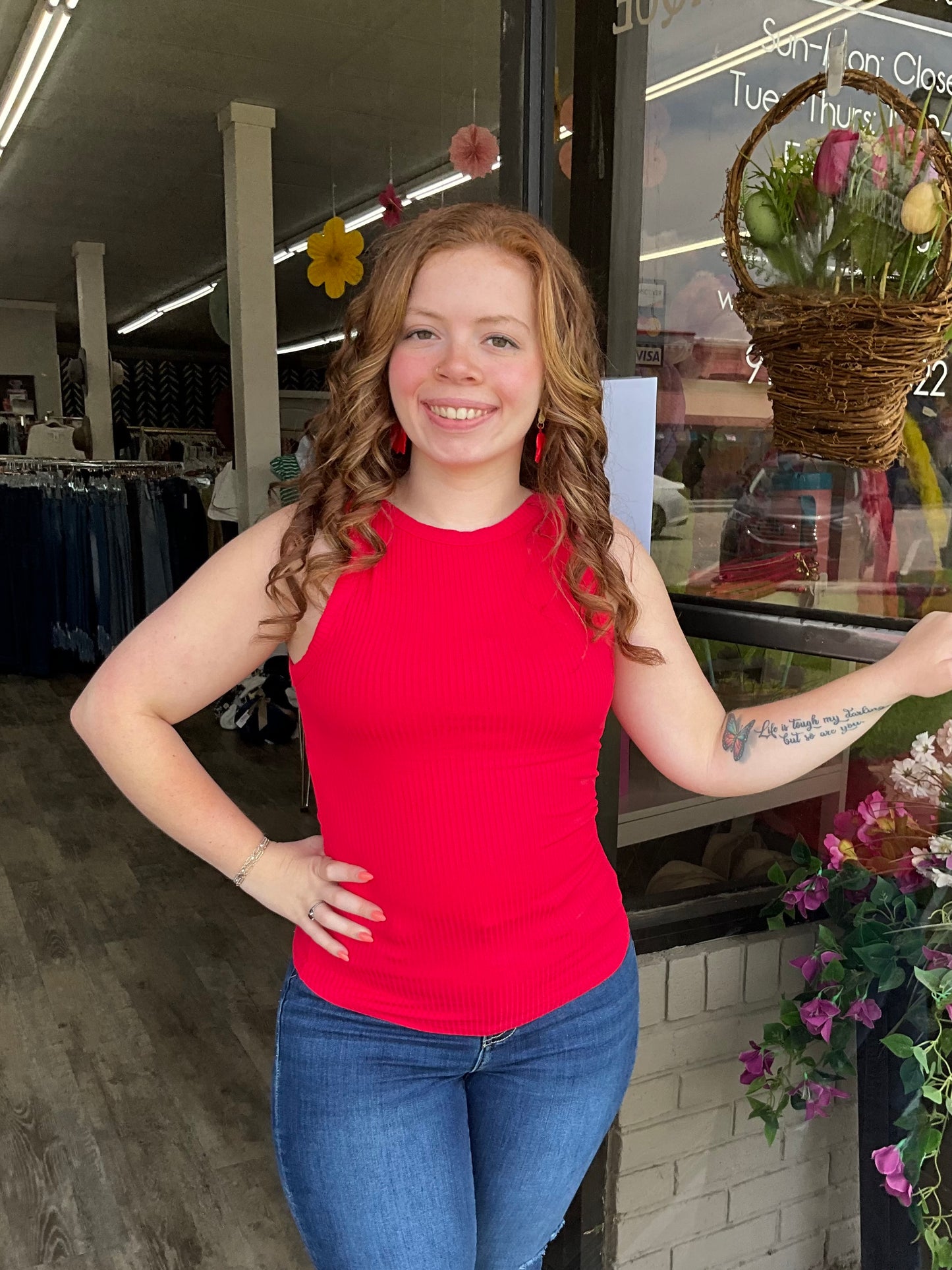 Red Ribbed High Neck Tank Top