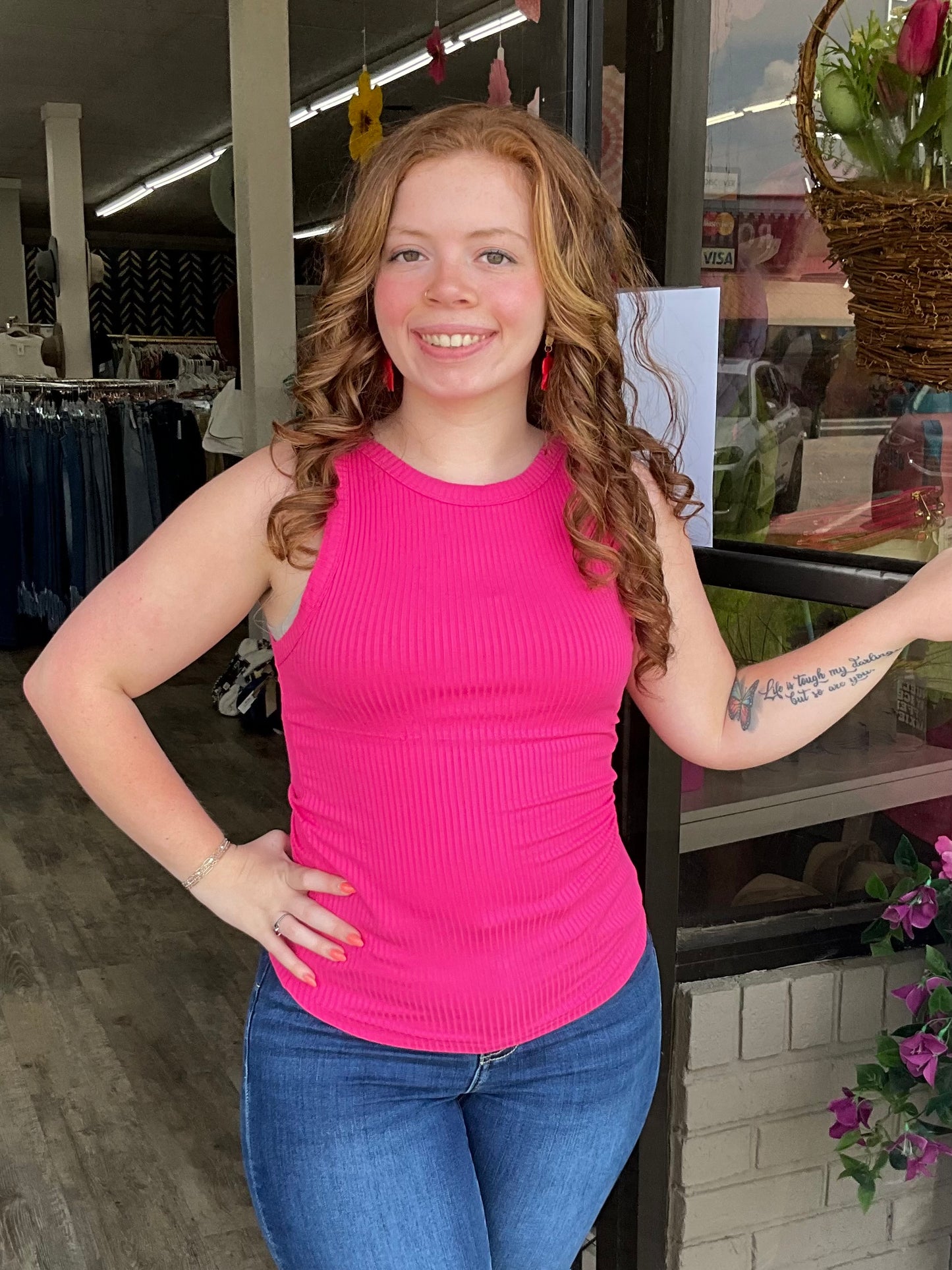 Pink Ribbed High Neck Tank Top