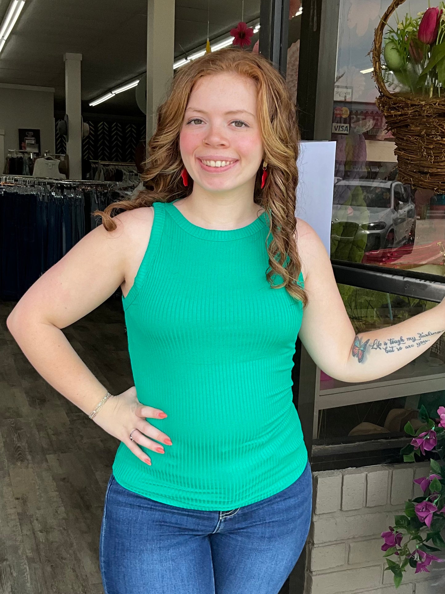 Green Ribbed High Neck Tank Top