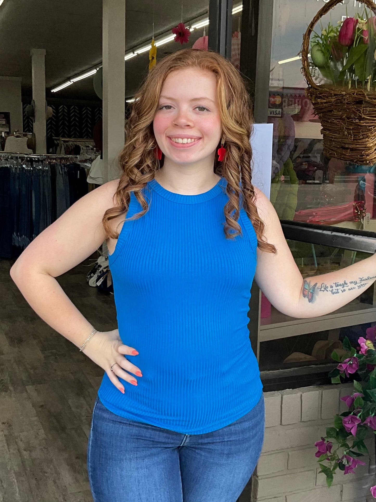 Blue Ribbed High Neck Tank Top