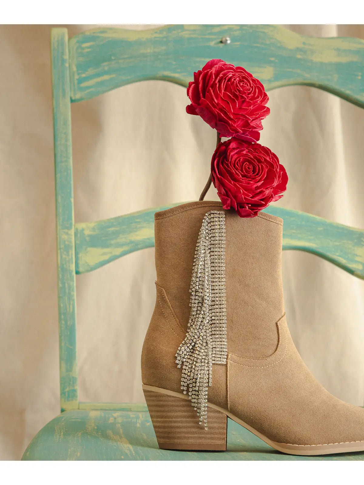 Khaki Rhinestone Fringe Cowboy Western Boot