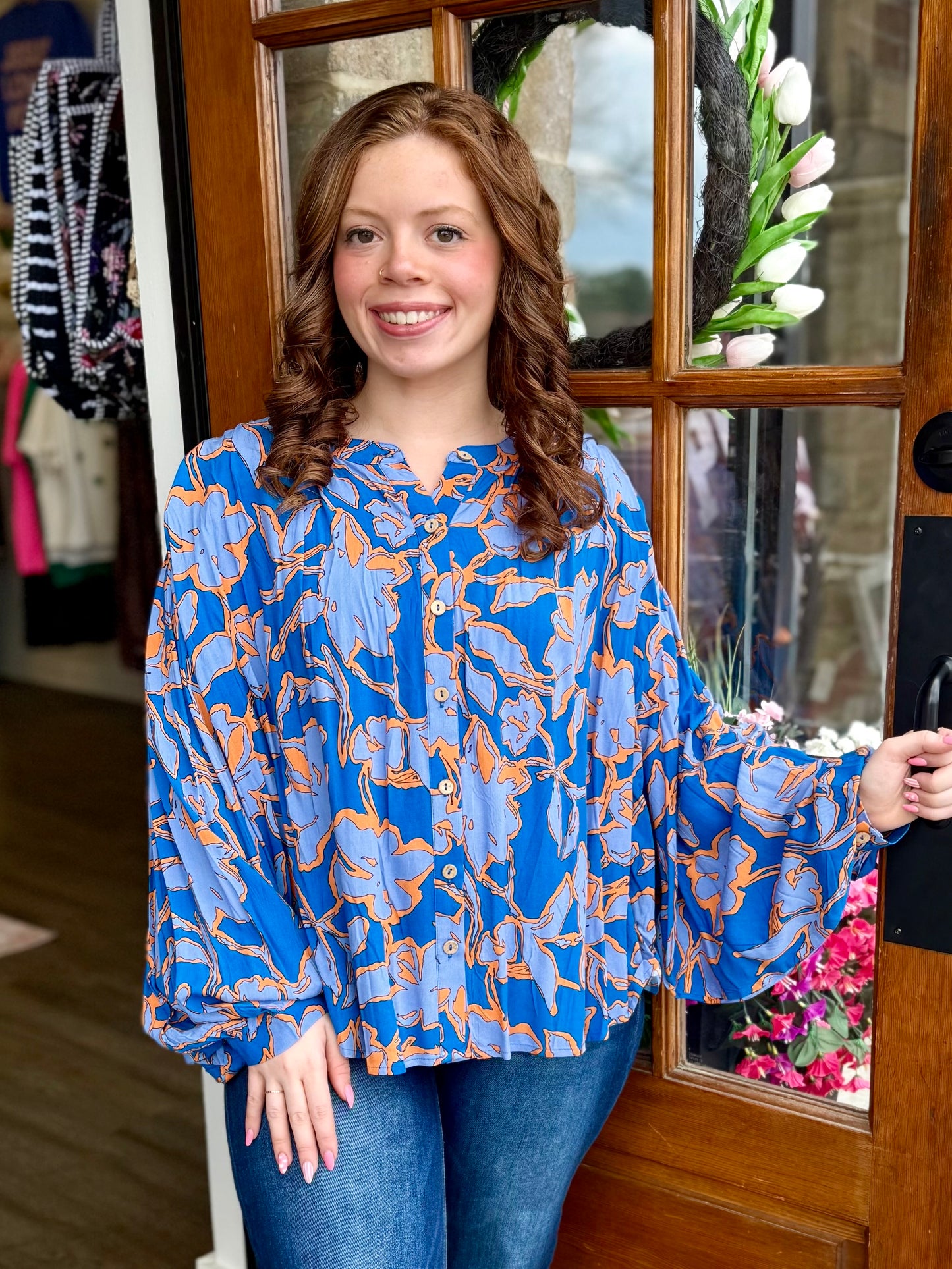 Blue Floral Batwing Sleeve Button Up Top