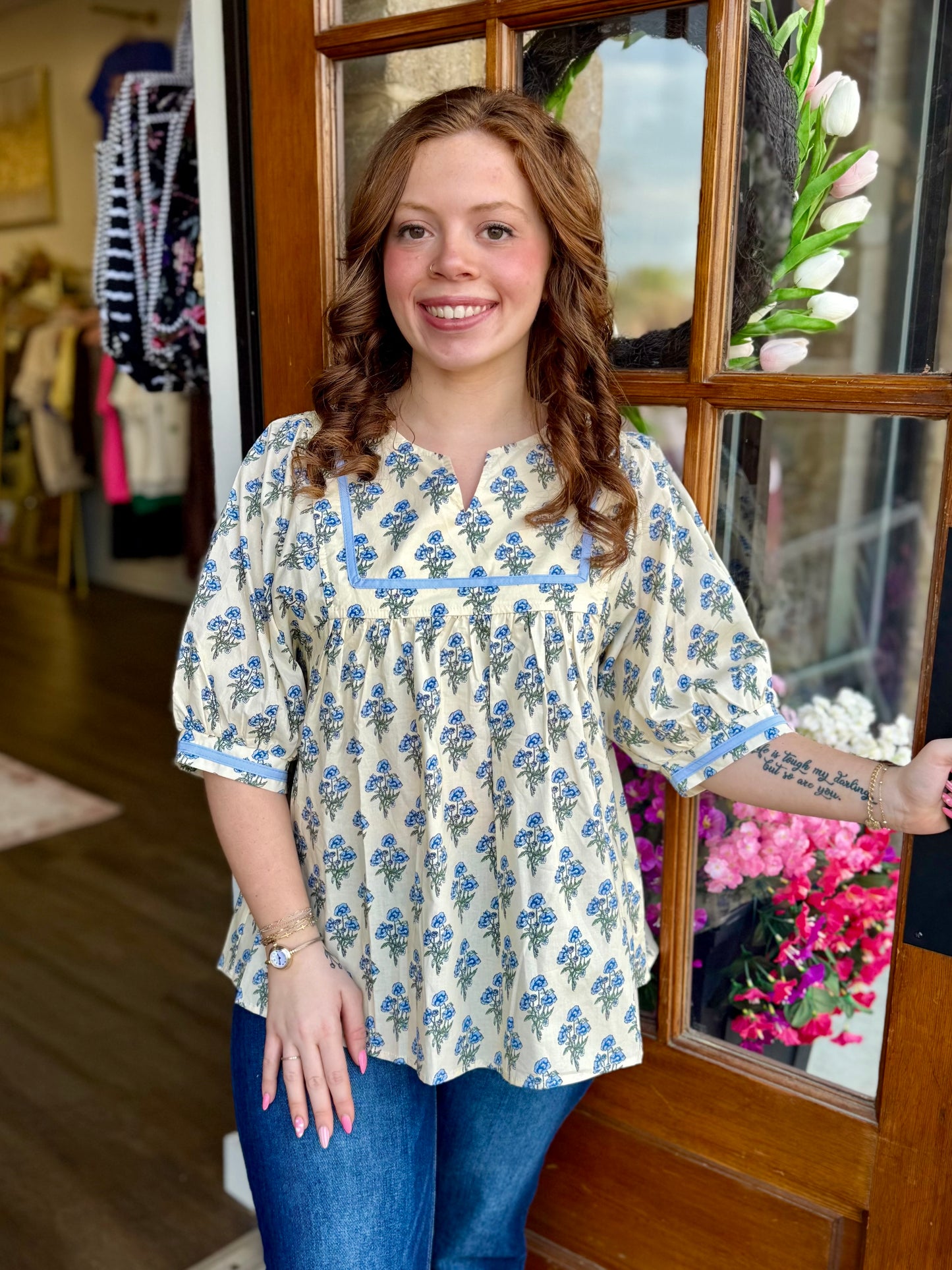 Yellow & Blue Floral Top