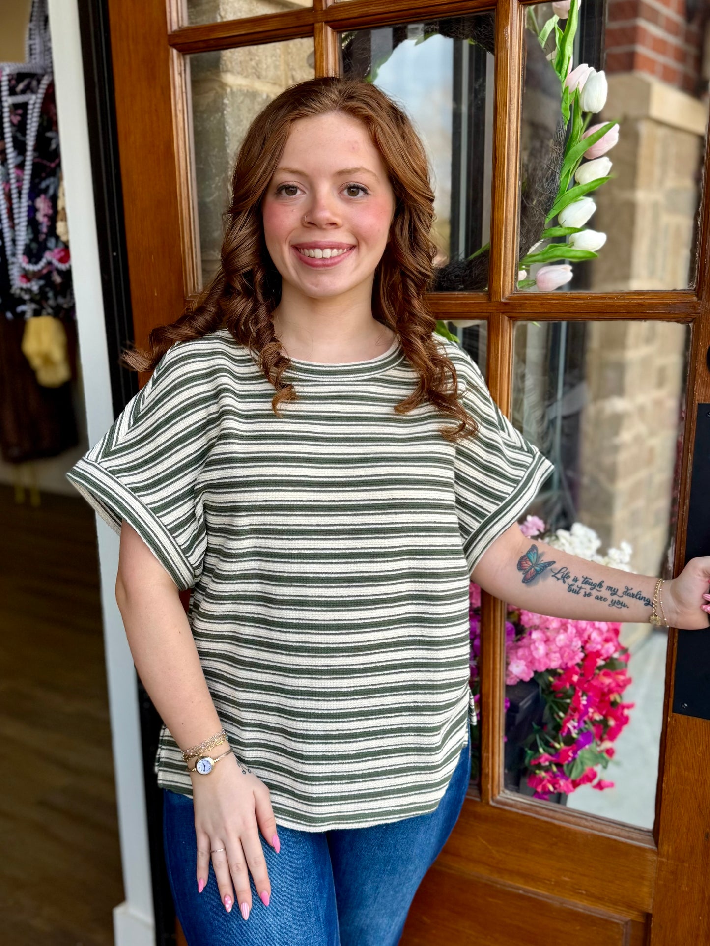 Green Textured Stripe Top