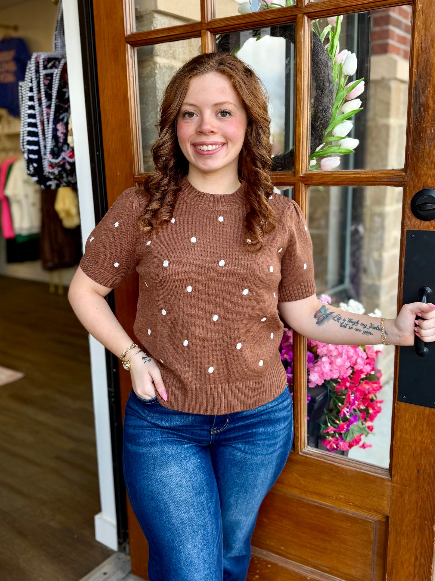 Brown Polka Dot Bubble Sleeve Sweater Top
