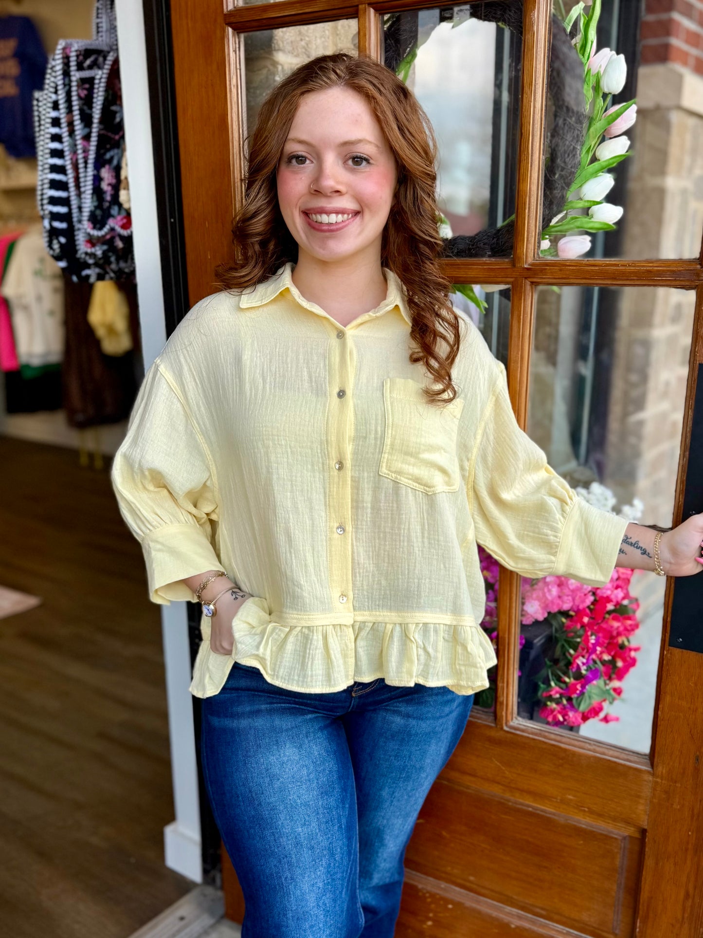 Yellow Pocket Detail Ruffle Hem Top