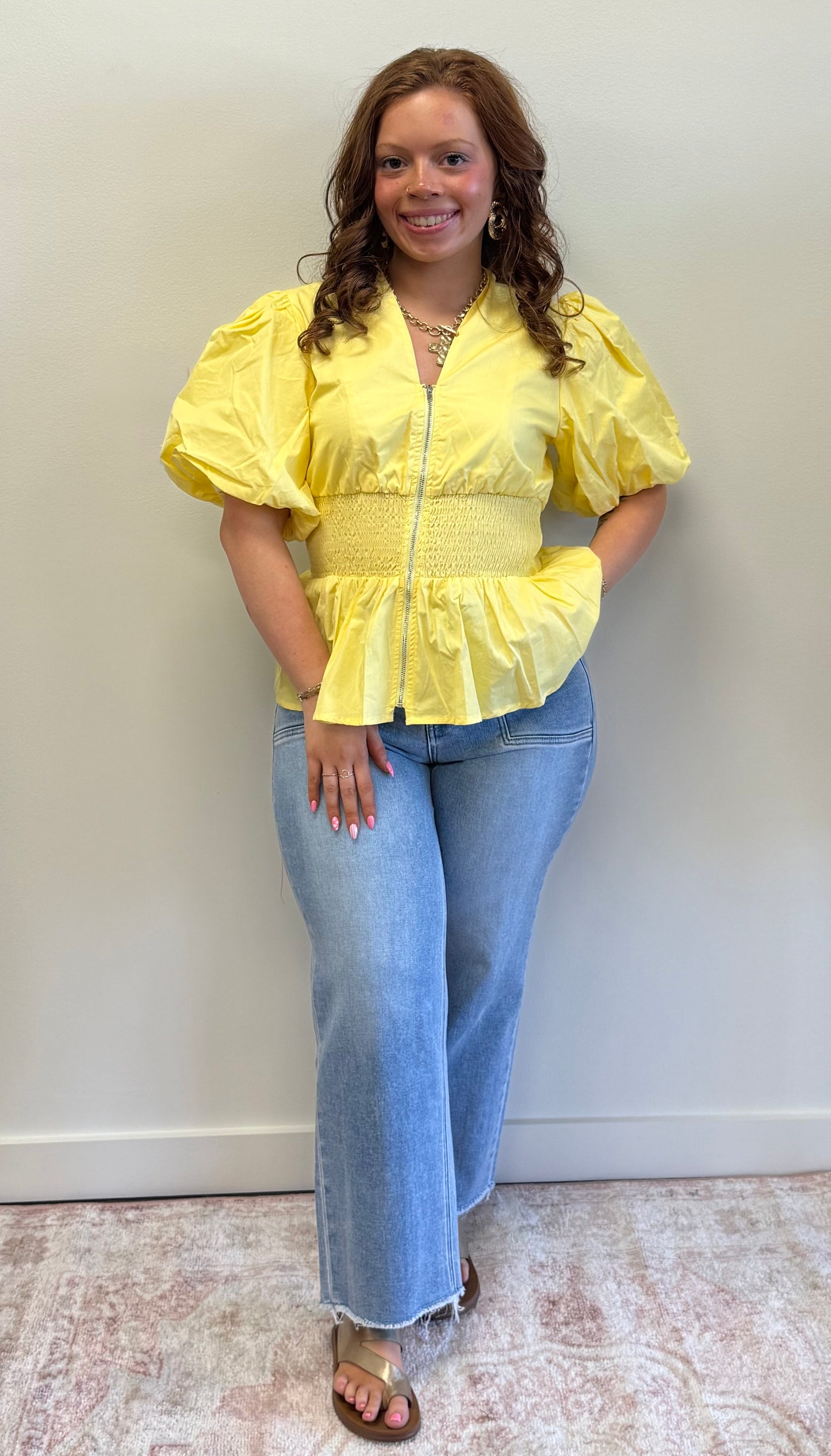 Yellow Smocked Zipper Top
