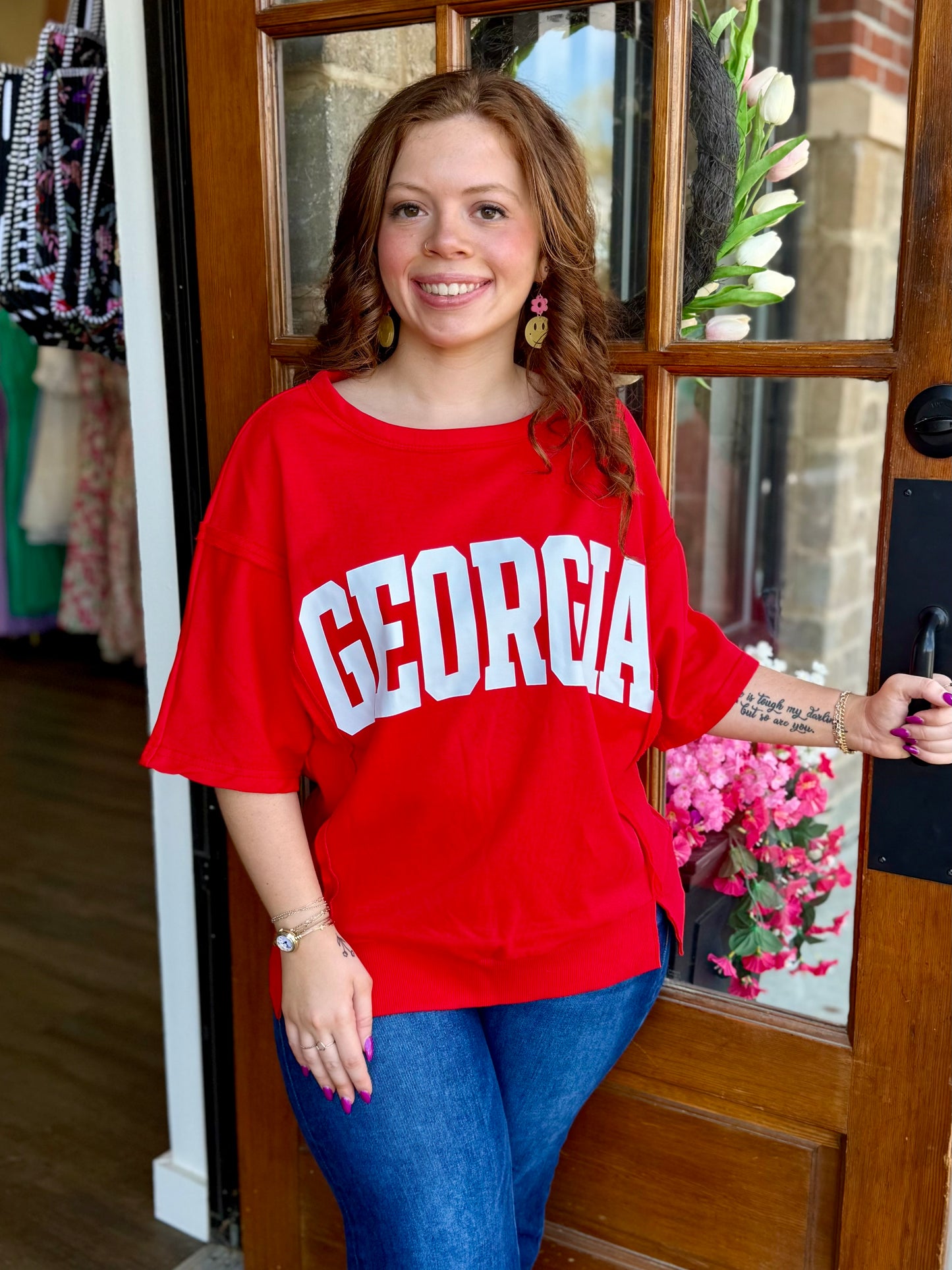 Red GA Raw Seam Drop Shoulder Loose Top