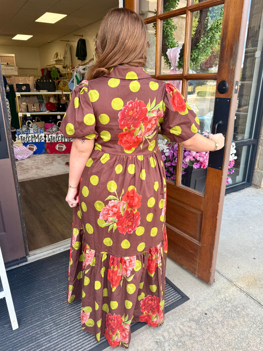 Chocolate Floral Polka Dot Tiered Maxi Dress