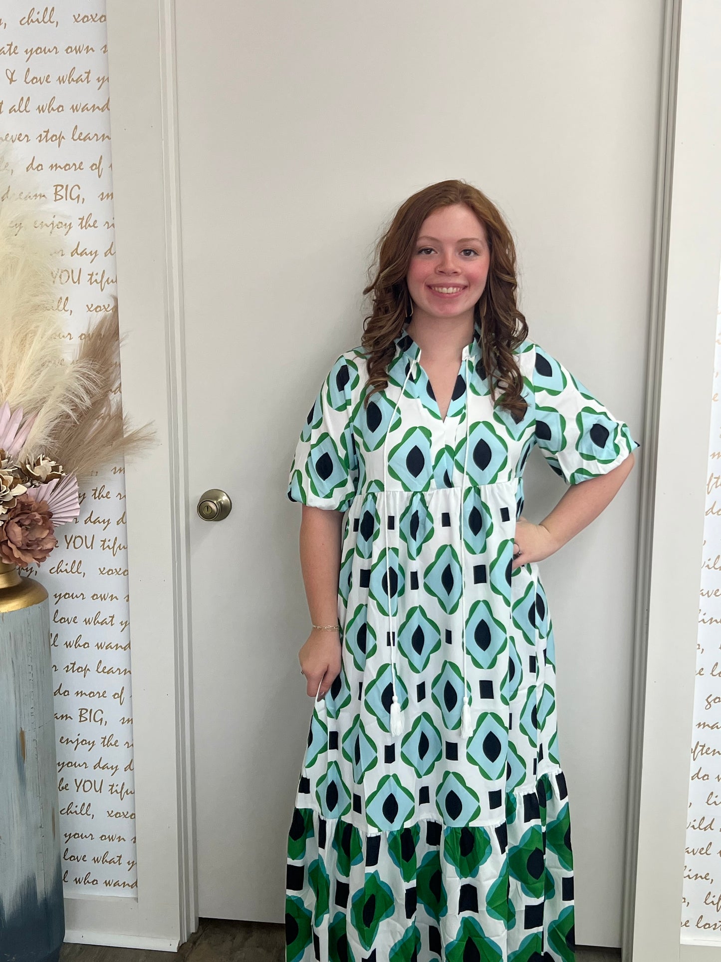 Green Print Short Lantern Sleeve Dress
