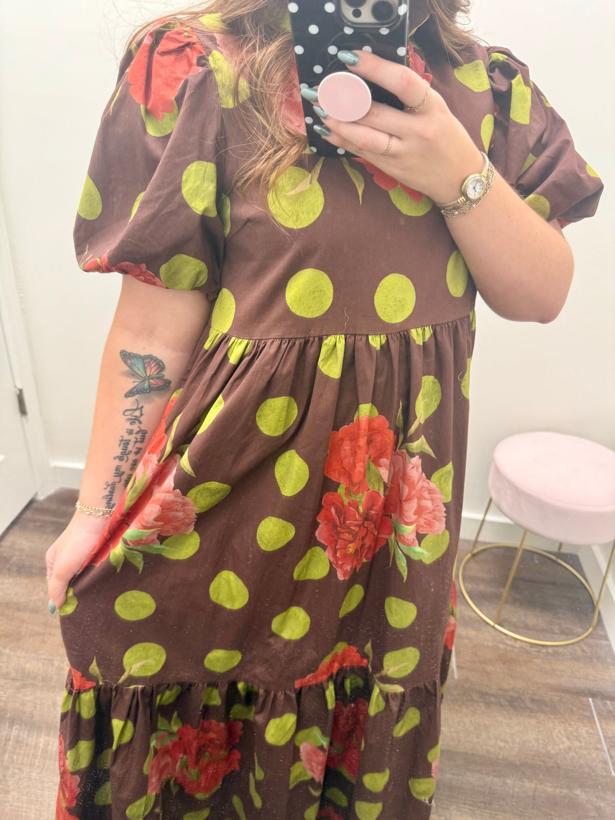 Chocolate Floral Polka Dot Tiered Maxi Dress