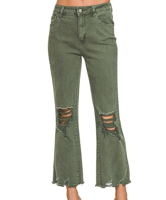 Dark Olive Z Acid Wash High Waist Distressed Straight Pants