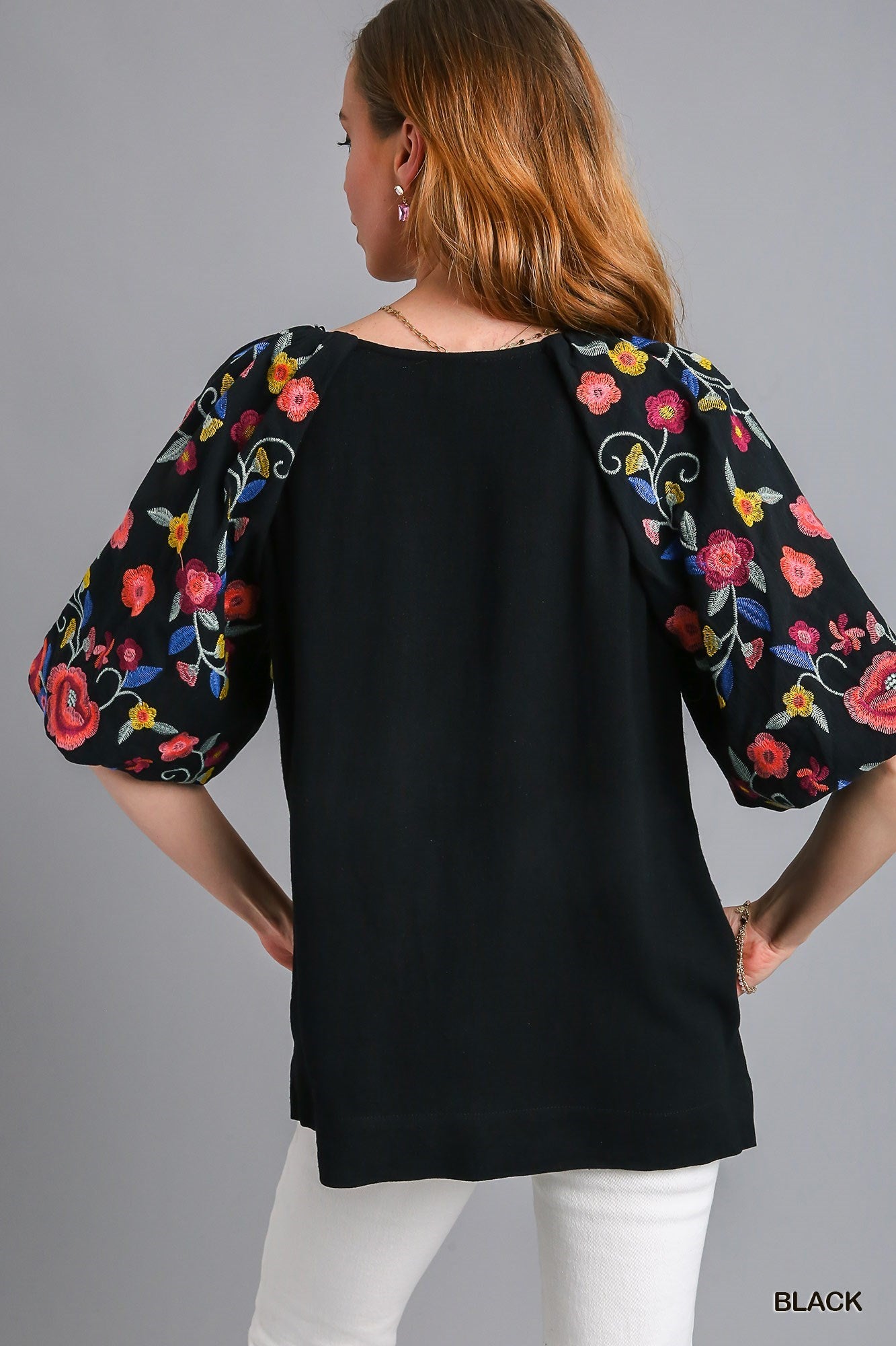 Linen Blend Top With Embroidery Balloon Sleeve