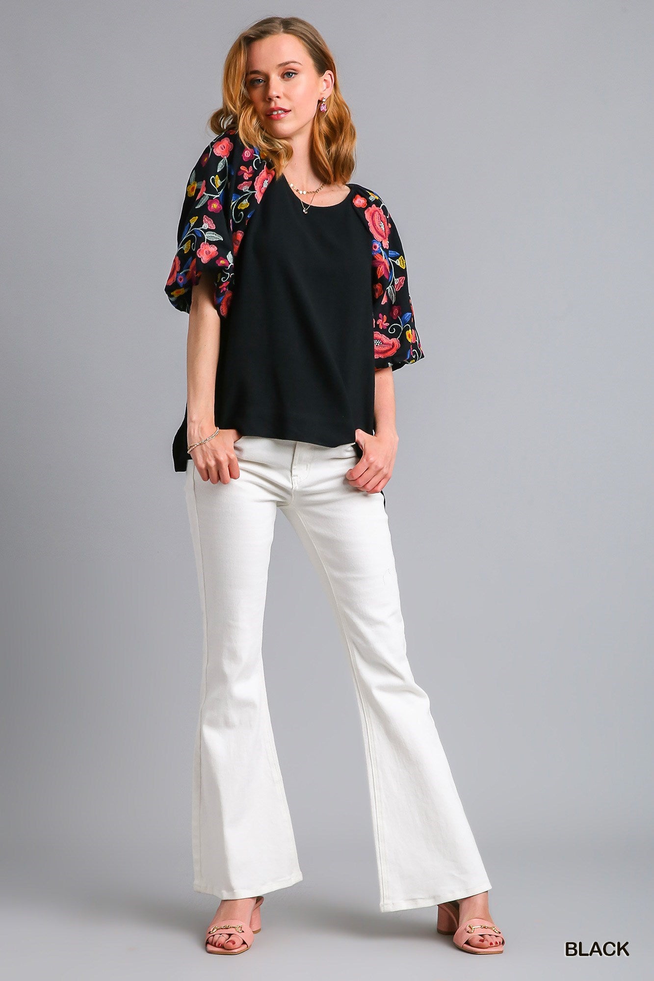 Linen Blend Top With Embroidery Balloon Sleeve