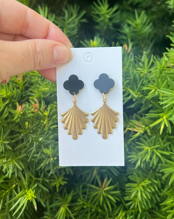 Gold Black Flourish Metal and Acrylic Earrings