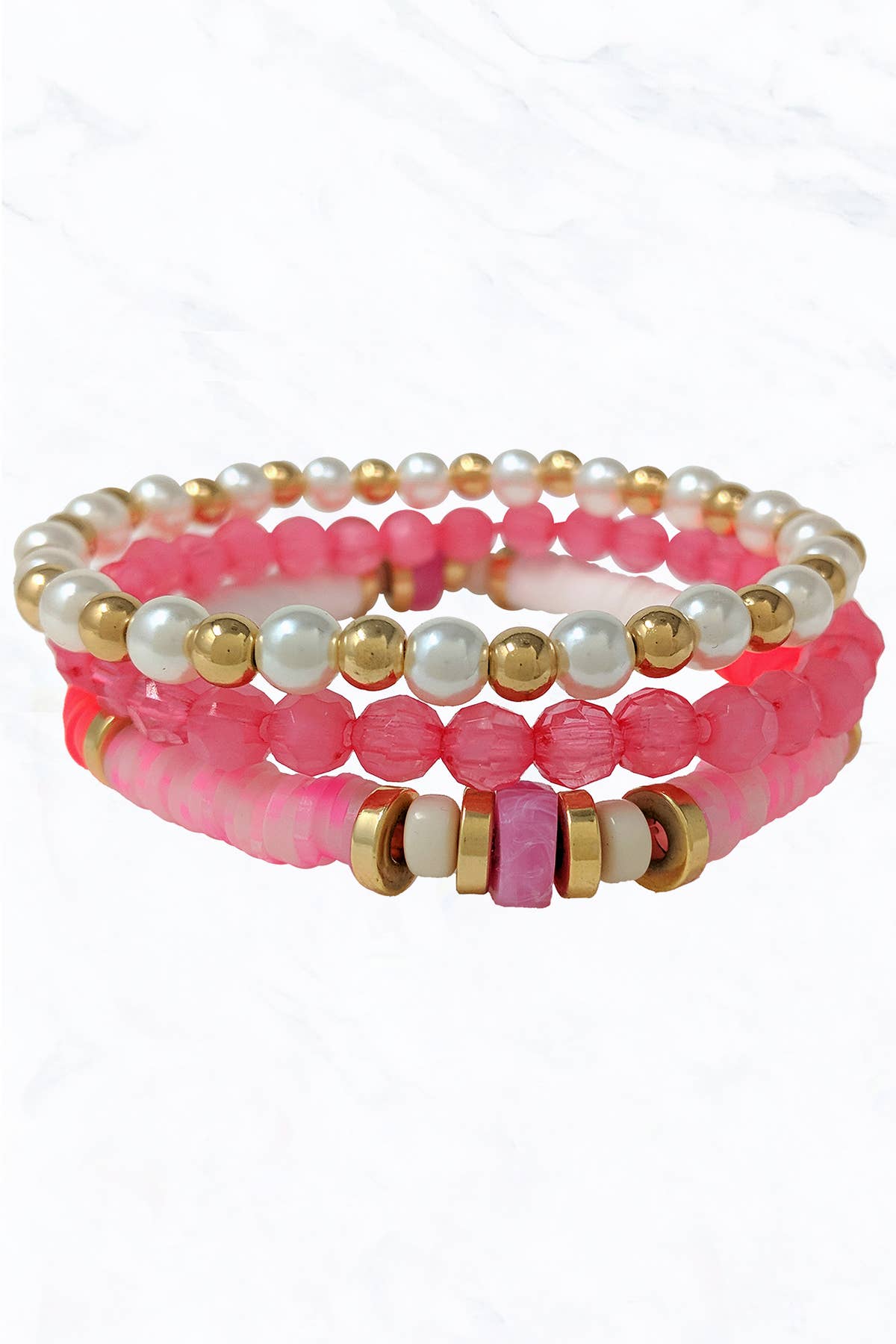 3pcs Set Multi Bead (Glass, Rubber, Pearl) Stretch Bracelet: Gold Fuchsia