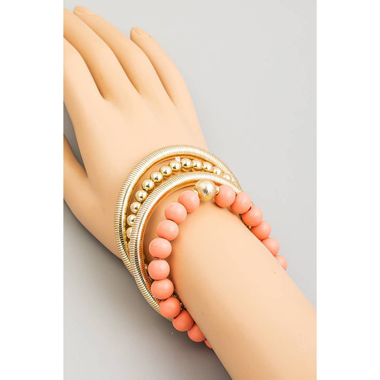 Peach Elastic Tube And Beaded Bracelet Set