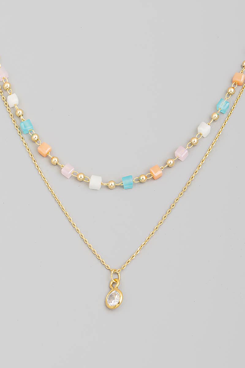 Multi Color Gold Layered Chain Rhinestone Charm Necklace