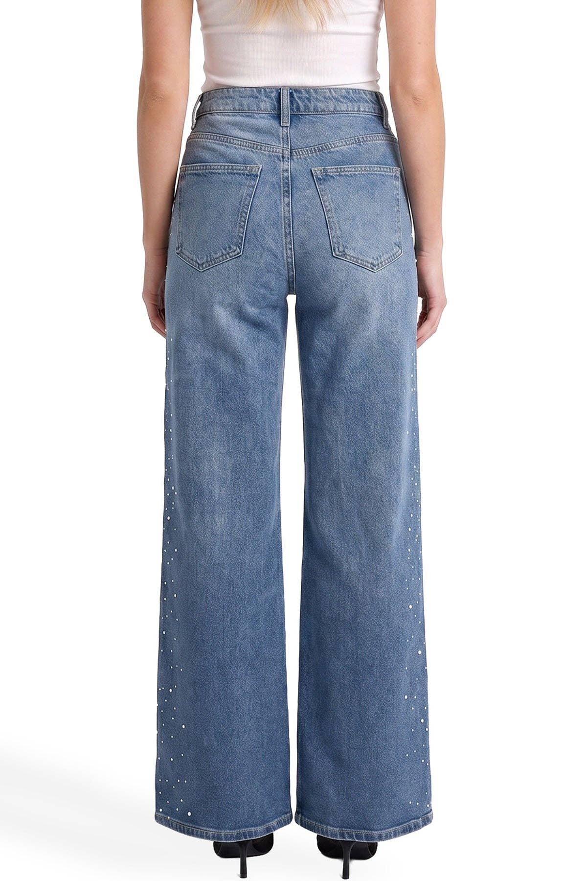 High Rise Wide Leg Jeans w/ Rhinestones