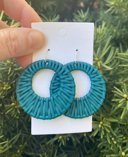 Teal Turquoise Blue Raffia Rattan Wicker Circle Cutouts