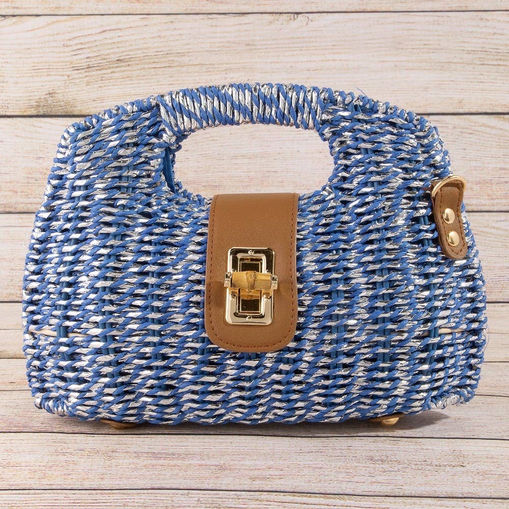 Blue Two Tone Straw Woven Handbag