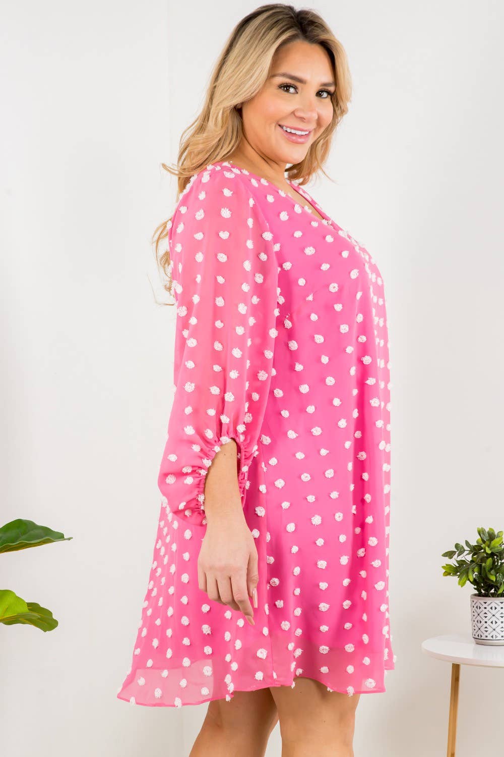Pink V- Neck Bubble Sleeve Dot Dress