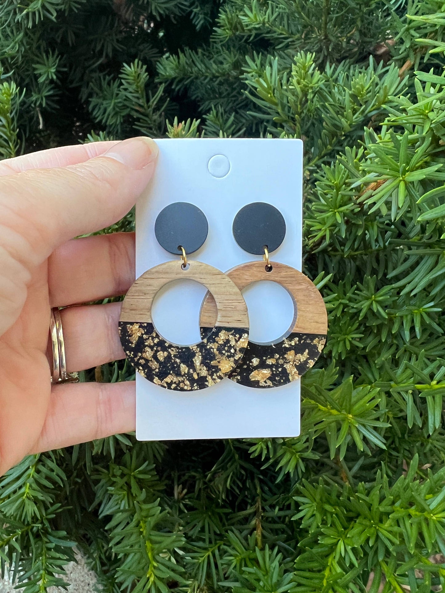 Black Gold Flake Wood Circle Earrings