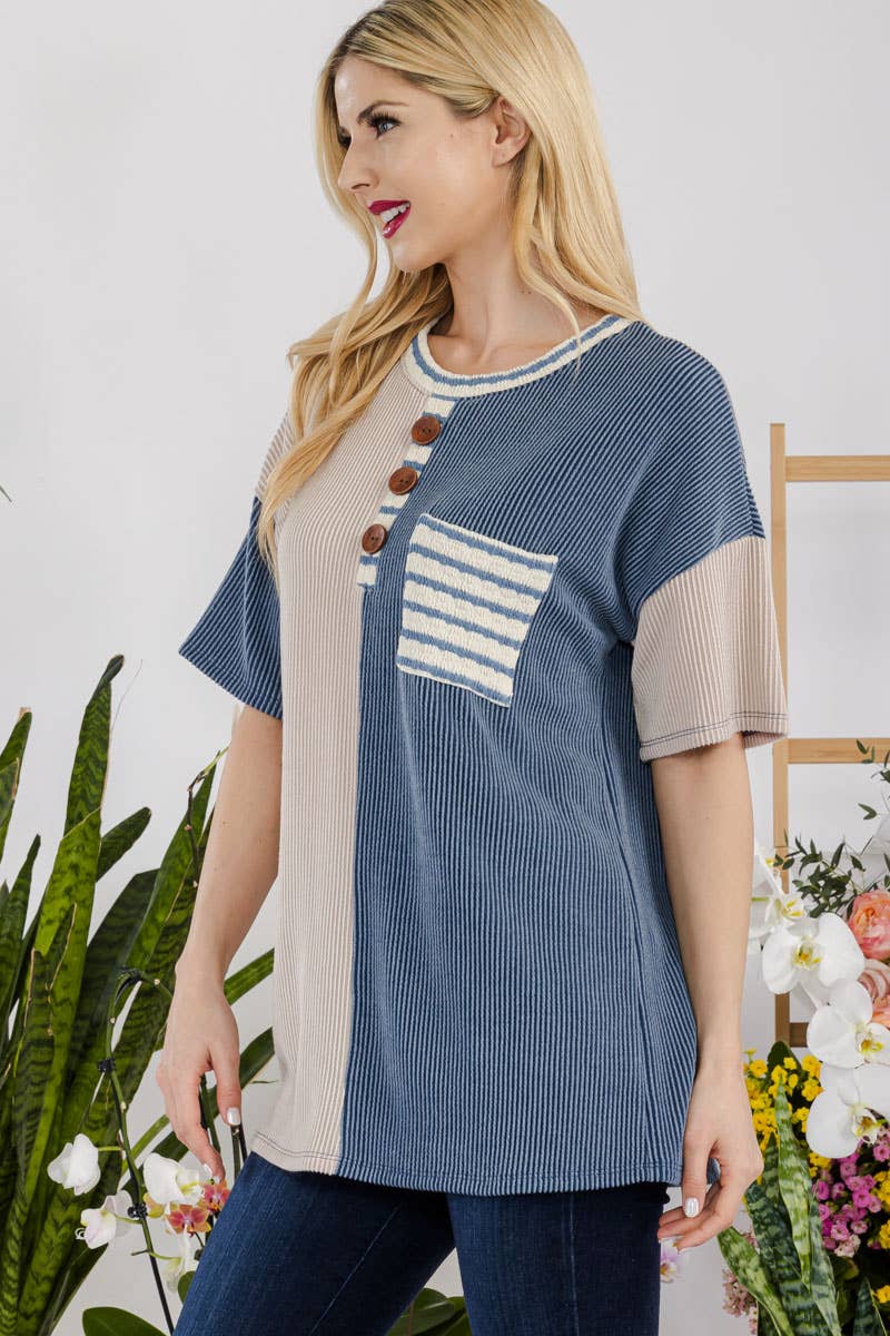 Plus Rib Denim Color Contrast Shirt