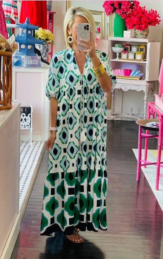 Green Print Short Lantern Sleeve Dress