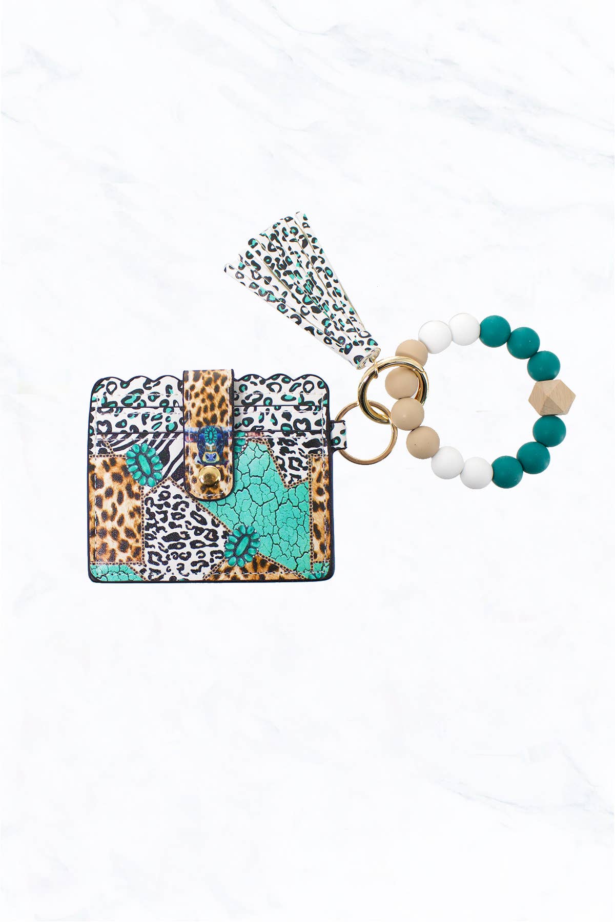 Cow/Leopard Silicone Bead Bracelet with Card Holder Keychain