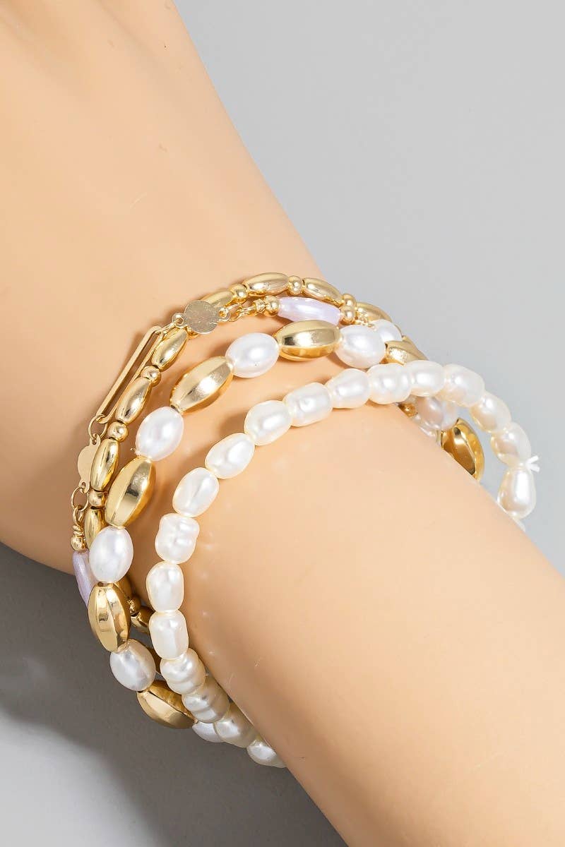 Mixed Pearl And Metallic Beaded Bracelet Set