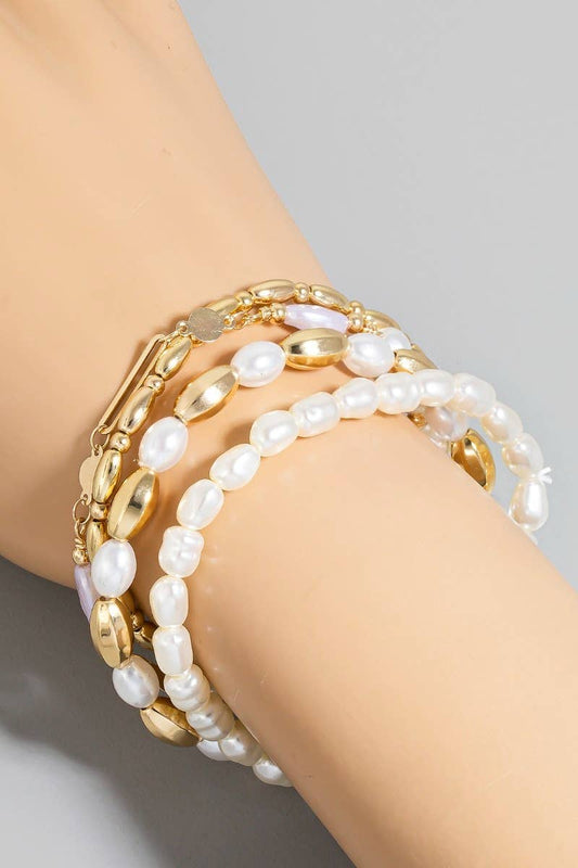 Mixed Pearl And Metallic Beaded Bracelet Set