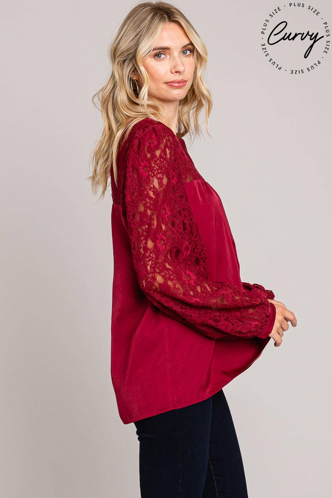 Plus Everyday Satin Lace-Neck Blouse / Wine