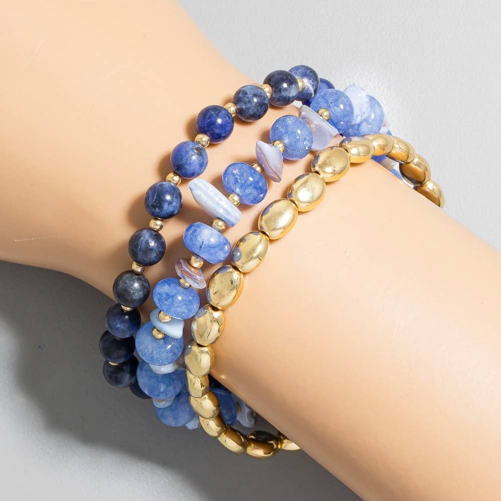 Blue Stone And Metallic Beaded Bracelet Set