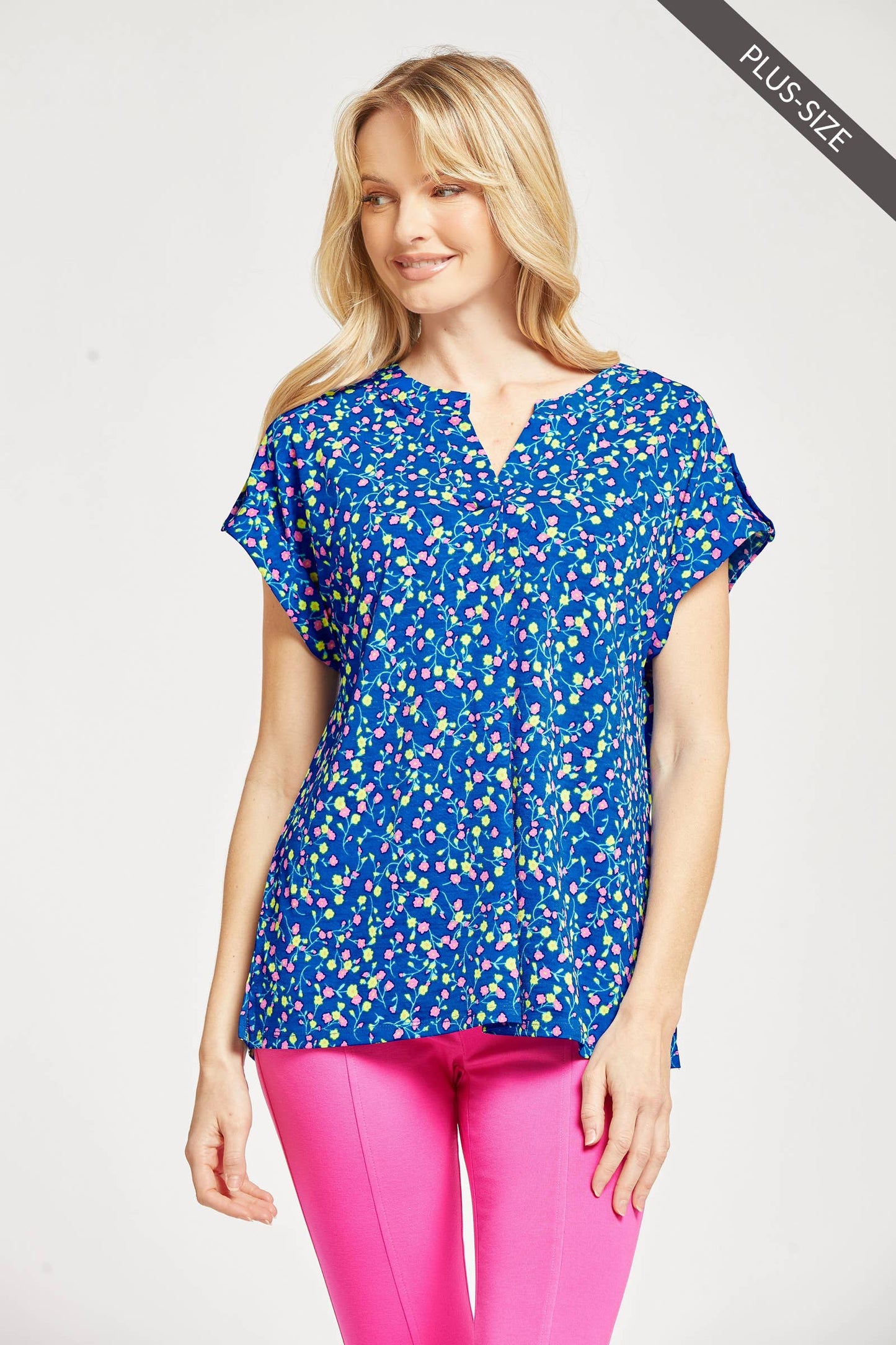 Plus Lizzy Dolman Floral Short Sleeve Wrinkle Free Top