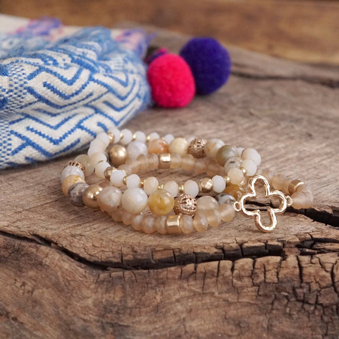 Neutral Beaded Clover Bracelet Set