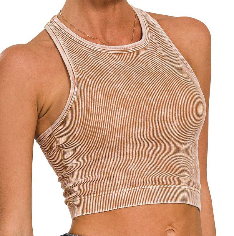 Deep Camel Washed Ribbed Cropped Tank Top