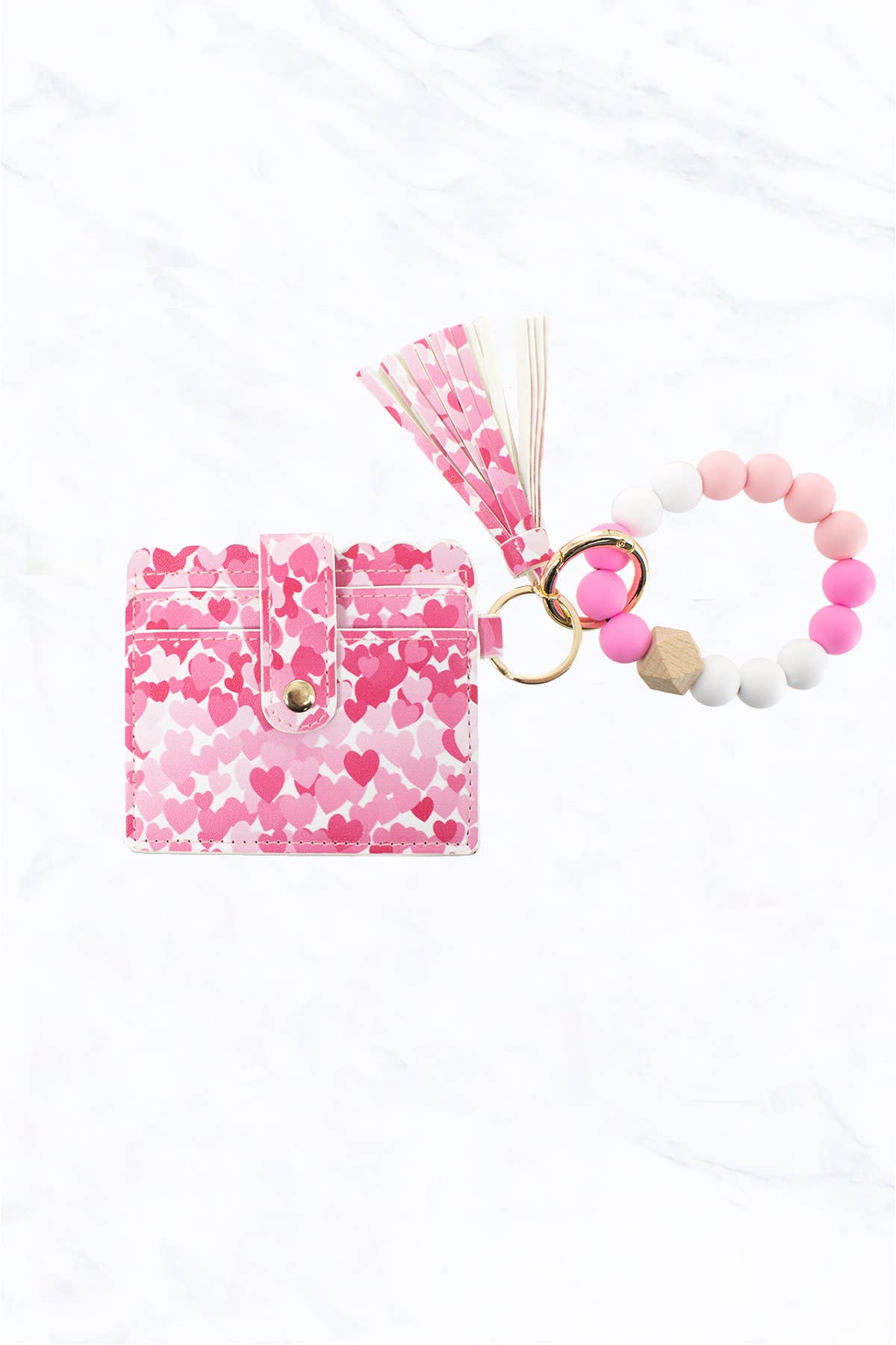 Hot Pink Heart Silicone Bead Bracelet with Card Holder Keychain