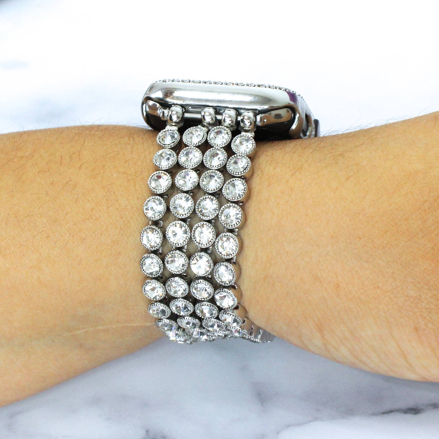 Crystal Diamond Bling CZ Silver Stretch Elastic Apple Watch: 42/44/45mm / Silver