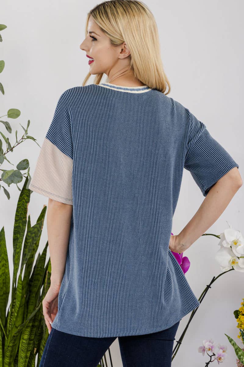 Plus Rib Denim Color Contrast Shirt