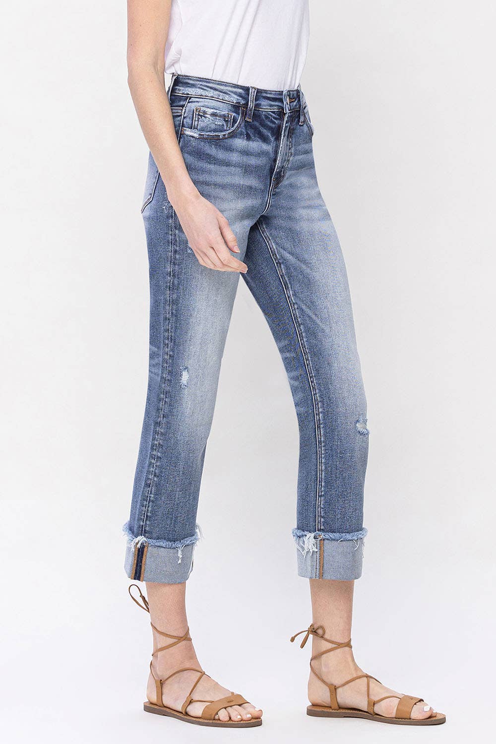 High Rise Cuff Straight Jeans