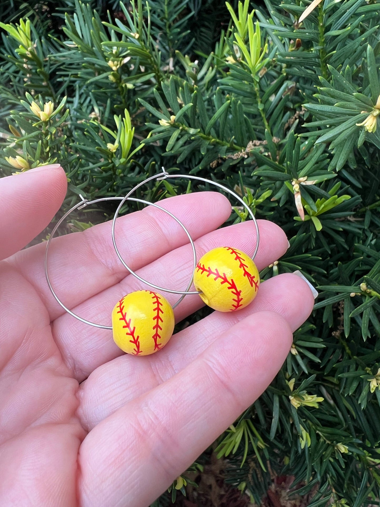Softball Wood Hoop Bead Earrings