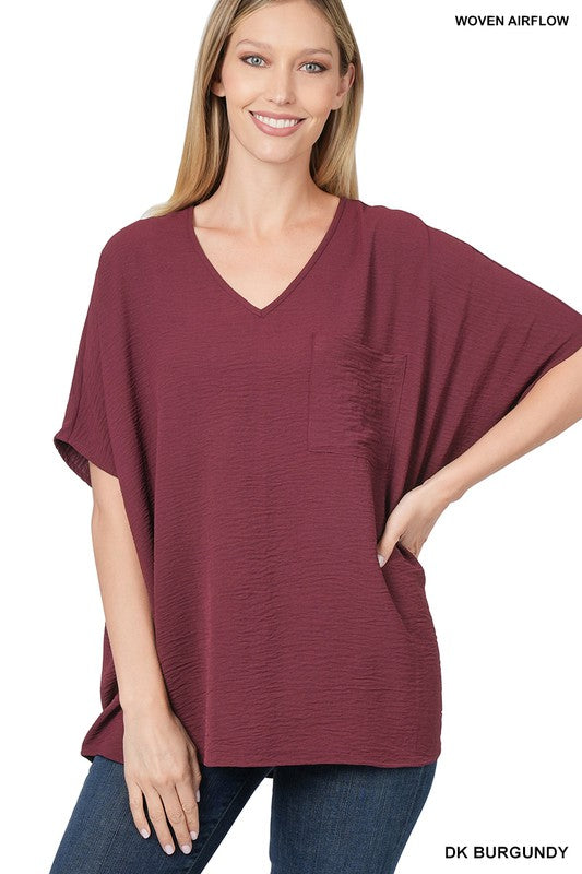 Dark Burgundy Woven Dolman Short Sleeve Top