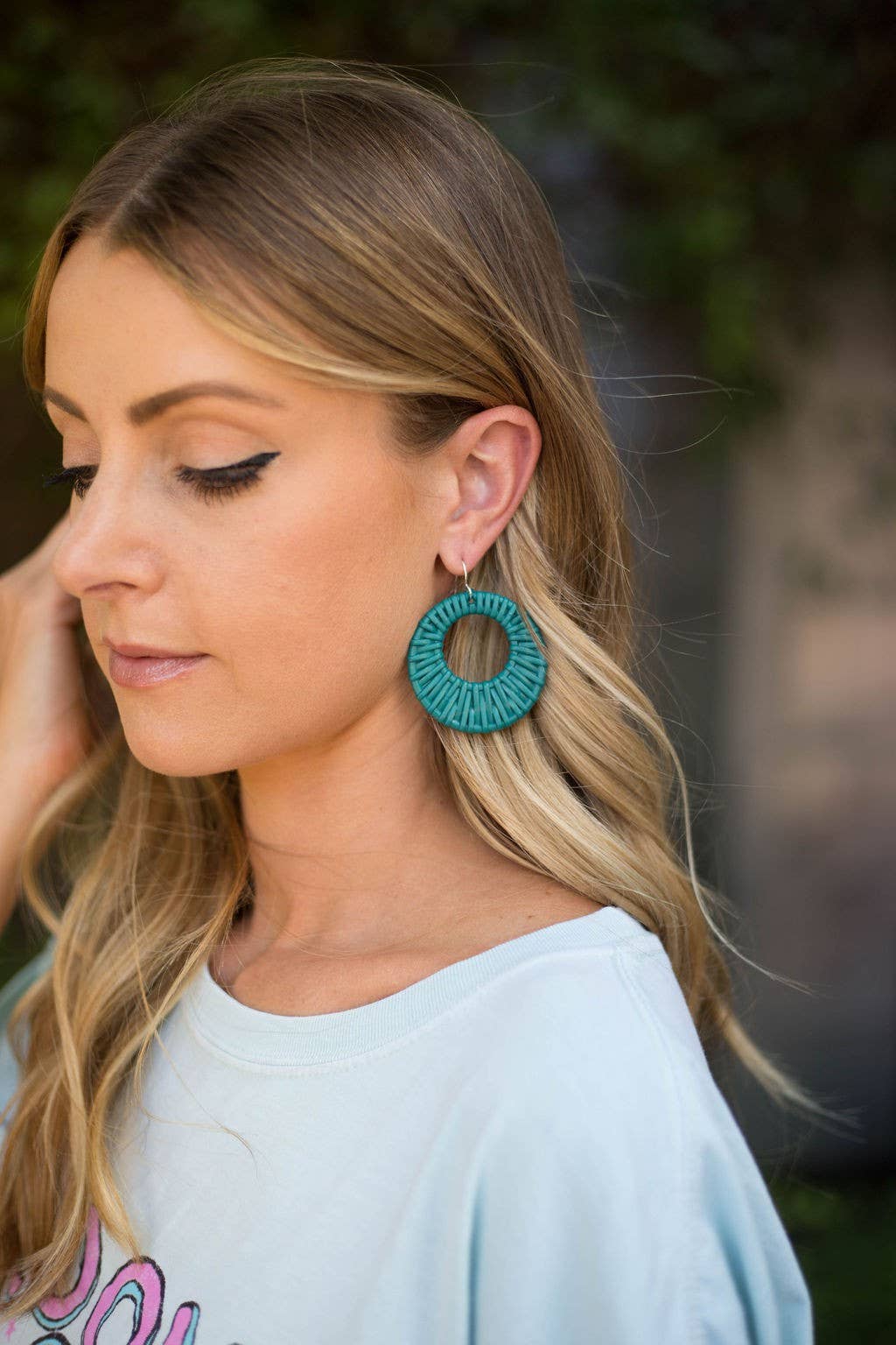 Teal Turquoise Blue Raffia Rattan Wicker Circle Cutouts