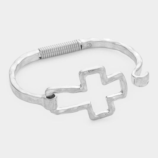 Silver Hammered Open Metal Cross Hook Bracelet