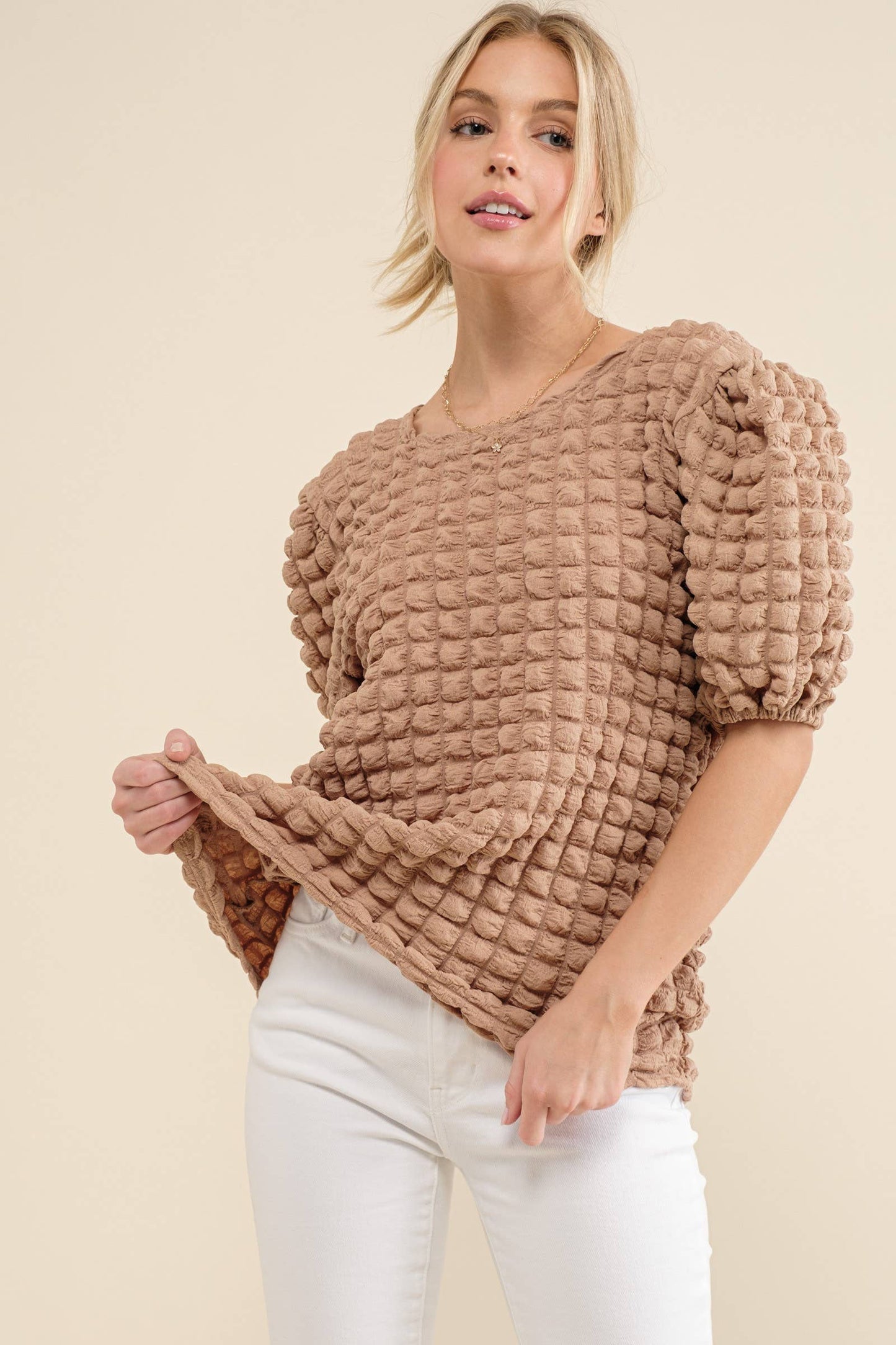 Taupe Bubble Textured Round Neck Blouse Top