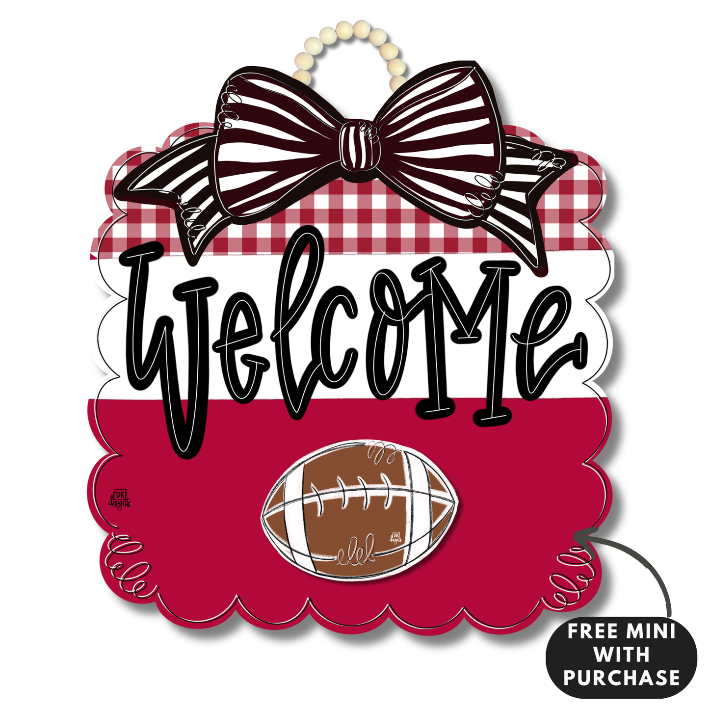 Crimson & White Football Scallop Door Hanger w/ Mini