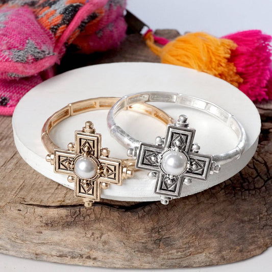 Gold Boho Cross Statement Bangle Bracelet